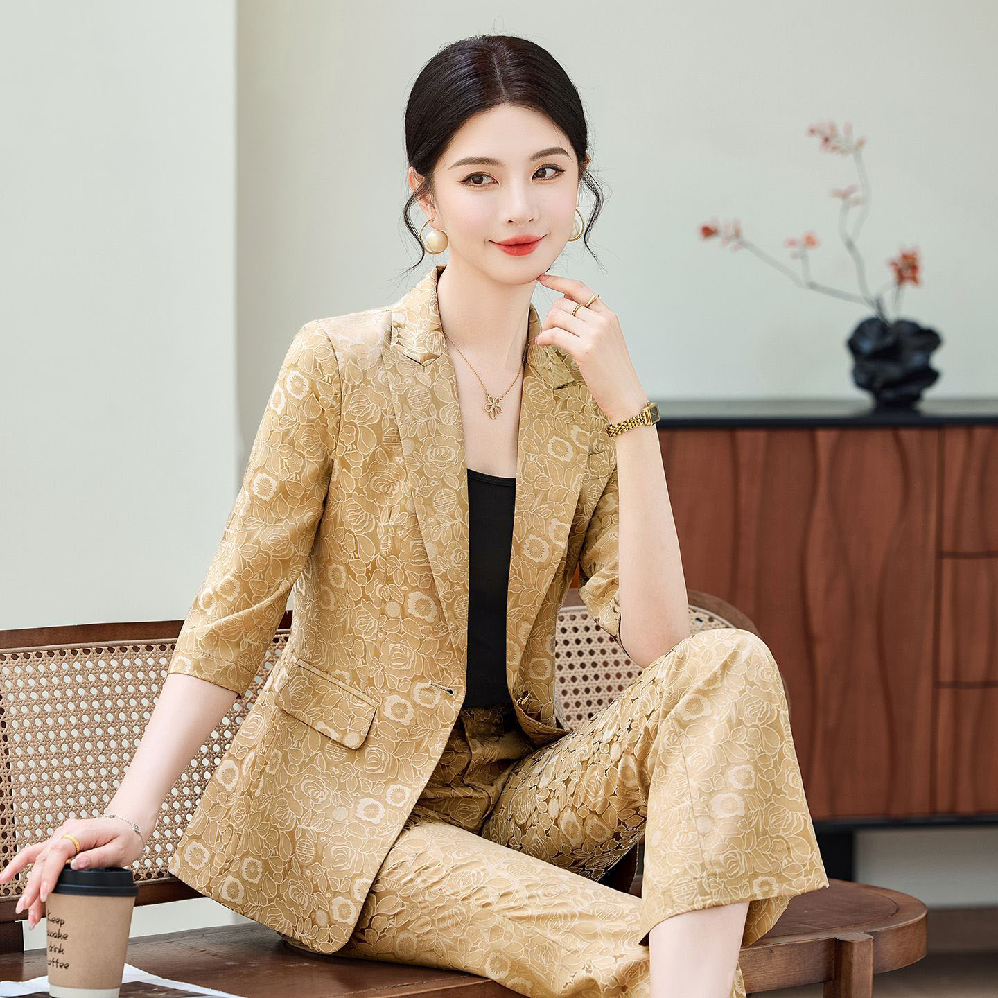 Women'S Formal Wear Pants Suit - Moda Kayısı Rengi Yarım Kol Profesyonel