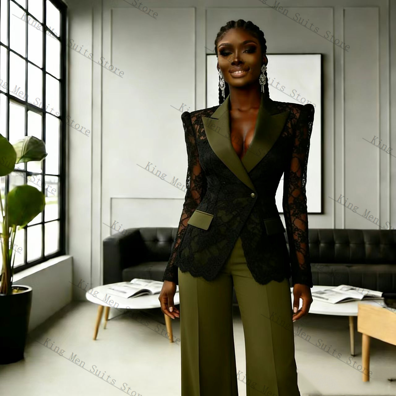 Women Formal Wear Black - Yeşil Siyah Dantel Kadın Takım Elbise